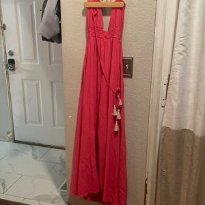 Pink boho flowy maxi dress with tassels!